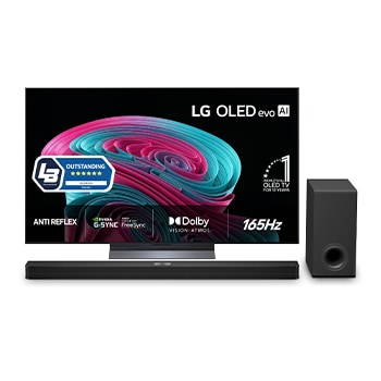 Vy framifrån av LG 77” OLED evo C65 4K AI TV + NS90TY Soundbar OLED77C65LA.NS90001